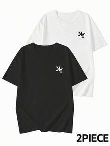 2件套 女士休闲宽松圆领卡通字母印花短袖T恤，日系风格，春夏款 - 黑+白 - 查看 2