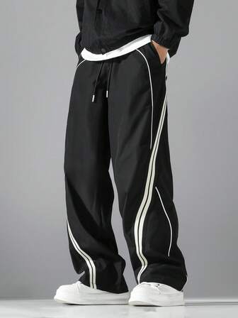 1pc Men's Fashionable Casual Straight Leg Pants, With Stylish Ribbed Tape Decoration, Contrast Color Binding Design