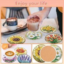 8件套花卉钻石画杯垫套装，闪亮水钻耐热饮料杯垫带支架，DIY杯垫工艺套装（适合初学者），人造钻石艺术工艺材料，礼品 - 彩色 - 查看 4