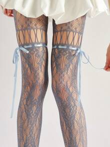 Y2K Subculture Bowknot Fishnet Stockings, Hollow Out Jacquard Mesh Pantyhose, Dark Night Black - Blue - View 6