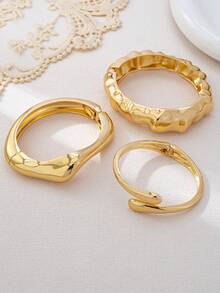3pcs/1set Minimalist Fashion Gold-Tone Asymmetrical Water Drop Thick Textured Bangle Bracelet Set, Suitable For Women, Chunky Smooth Matte Heavy Metal & Zinc Alloy Material - Yellow Gold - View 2