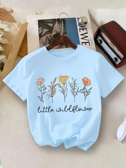 Girls Floral Slogan Print Round Neck Short Sleeve T-Shirt, Casual Spring/Summer Children Clothing