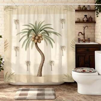 1pc Palm Tree Tropical Design Bathroom Curtain, Modern Decor Shower Curtain, Beach Theme Home Decor Accessory, Sage Green, Elegant Coastal Oasis Ambiance, Easy Maintenance, Luxury Drape, Bathroom Shower Curtain, Polyester Shower Curtain With Hooks