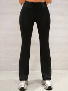 Pantalones deportivos de mujer con alta compresión y estiramiento, mallas acampanadas casuales para yoga y entrenamiento - Negro - Ver 2