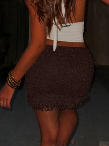 女士通勤时尚针织流苏裙 - 咖啡棕 - 查看 2