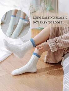 5 đôi/10 đôi tất nữ mùa thu/đông bằng vải lông san hô phối màu tương phản, thoải mái, ấm áp, thích hợp mặc ở nhà và ngủ. - Nhiều màu - Xem 7