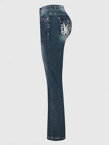Women's Stretch Flared Jeans - Mid-Rise Double-Button Fly With Embroidered Pockets Bootcut Denim With Tummy-Smoothing & Butt-Lifting Design Curve-Hugging Flared Style For A Sexy Silhouette Essential Piece For Date Night - 中等水洗藍 - 查看 4
