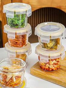 3 piezas Recipientes de almacenamiento de alimentos de vidrio grueso con tapa hermética, Recipientes de almacenamiento de alimentos con tapas - Perfectos para picnics, preparación de comidas, organización del refrigerador, Adecuado para alimentos para bebés, microondas de alta temperatura y congelador, Diseño mini portátil lindo y duradero - Multicolor - Ver 8