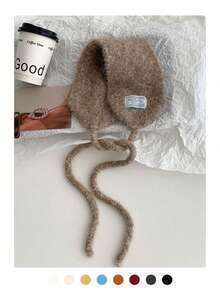 针织耳罩 - 时尚装饰头带式耳罩，女士高端毛绒围巾式头饰，复古保暖内衬针织系带颈套，秋冬多功能保暖耳罩 - 布標純色拉毛 - 查看 6