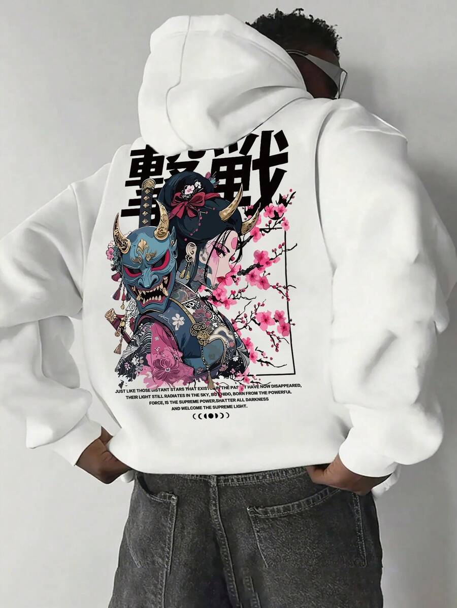 男士休闲时尚街头风动漫人物标语印花袋鼠口袋抽绳连帽衫，适合日常通勤、秋冬季穿着 - 白色 - 查看 1