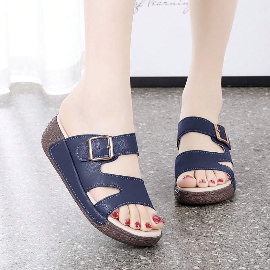 Women's Platform Slide Sandals, Casual Thick-Sole Slippers, Comfortable Flip Flops - Blue - View 1