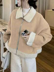 韩版仿毛领绒面抓绒外套，女款，拉链闭合，加厚保暖内衬，适合秋冬季穿着。 - 卡其色 - 查看 5