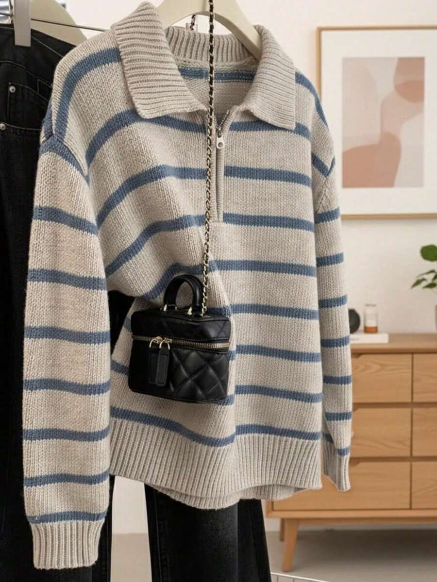 JIANHU Áo len polo dệt kim kẻ sọc xám nhạt và xanh dương - Áo chui đầu nửa khóa kéo mùa thu/đông với cổ áo bo gân và đường may tương phản, phù hợp cho các chợ Giáng sinh và các dịp công sở thường ngày. - Màu Xám nhạt - Xem 1