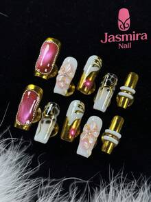 10片纯手工假指甲套装，Y2K法式美甲方形按压式指甲，金色指甲，白色搭配黑色指甲胶，粉色猫眼设计，手工粉色珍珠纹理雕刻设计，3D性感线条，可爱美甲贴纸，适合新年、情人节等节日，短款3.0按压式指甲，是女性和女孩居家、派对、生日礼物、圣诞节和其他节日的理想之选。DIY美甲用品，可重复使用。