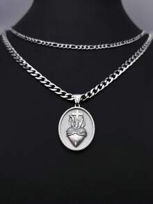 1件复古不锈钢十字架和心形吊坠项链，独特个性化配饰，男士叠戴项链，适合作为生日礼物