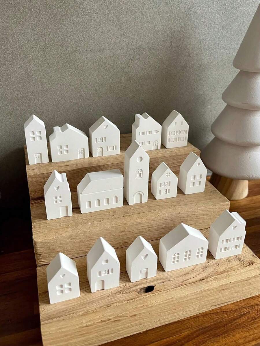 1pc 12-Cavity 3D Nordic Style Mini House Silicone Mold, Suitable For Candles, Soaps, Clay And Concrete Crafts - White - View 1