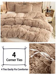 3pcs Solid Color Fluffy Comforter Set, Includes 1pc Plush Comforter Cover And 2pcs Pillow Shams, Suitable For Bedroom, Guest Room, Sizes: Super King, King, Queen, Twin, Christmas Gift - Earthy - View 7