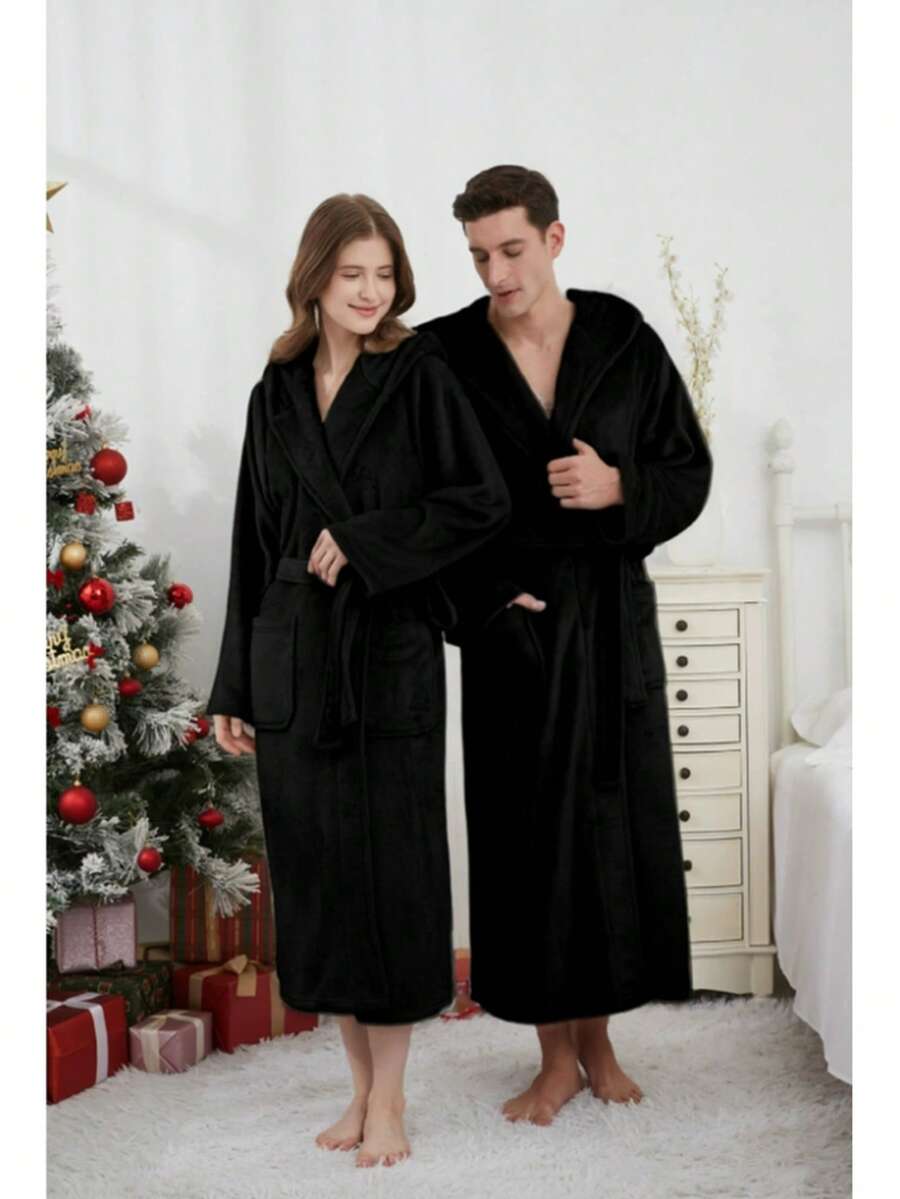 情侣舒适法兰绒浴袍 - 厚实柔软的长款浴袍，带口袋和腰带，条纹设计，可搭配家居服或睡衣，也可作为晨袍穿着，美式简约长袖睡衣 - 秋冬季居家舒适之选，圣诞节和情人节送给爱人的完美礼物！ - 彩色 - 查看 1