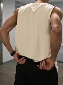 Men's Casual Letter Print Round Neck Tank Top, Versatile For Summer - Apricot - View 2