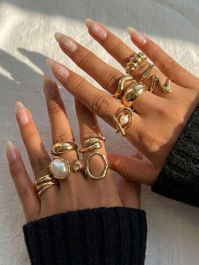 Set de 11 anillos de estilo punk, set de anillos geométricos vintage, regalo de joyería de moda, adecuado para atuendo diario y accesorios de fiesta [Algunos anillos están abiertos pero no son ajustables, no los doble a la fuerza o se romperán, los tamaños están marcados] Color de perla aleatorio