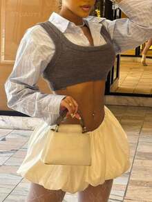 Y2K 褶皱泡泡花迷你裙，纯色弹力腰带，性感荷叶边裙摆，女士休闲夏季连衣裙 - 白色 - 查看 2