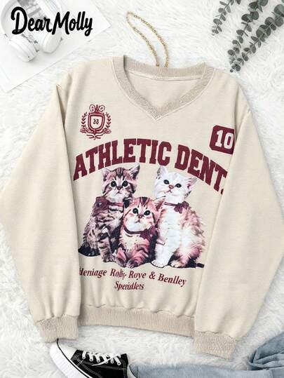 女士休闲可爱卡通猫标语原宿风格V领长袖运动衫，秋冬