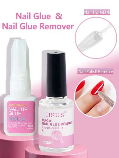 10毫升指甲胶水 + 15毫升指甲胶水卸除液，超强刷头，适用于亚克力指甲胶水，可用于贴片、延长甲和假指甲。内含指甲锉，方便粘贴假指甲和修复断裂指甲。亚克力指甲胶水、指甲粘合剂、凝胶指甲胶水、指甲胶水卸除液，适用于假指甲、按压式指甲胶水卸除液，也适用于贴片、亚克力指甲胶水卸除液，即使是新手也能轻松使用。