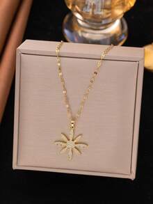 1pc Stainless Steel Gold-Plated Chain Cubic Zirconia Cat Eye Stone Clover Pendant Niche Fashionable Necklace, Unisex Casual/Party/Holiday Wear (OPP Bag Packaging) - Yellow Gold - View 7