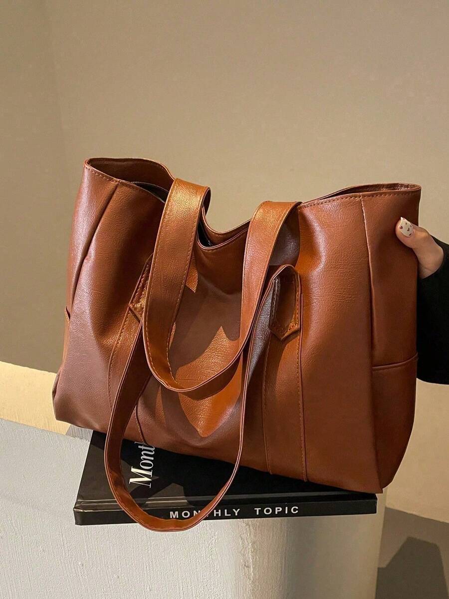 Túi xách xuyên biên giới đang thịnh hành, unisex, thời trang, chất liệu PU, màu trơn tối giản, đa chức năng đeo vai/xách tay/xách ngang, phù hợp cho sinh hoạt hàng ngày, đi làm, mua sắm, du lịch và nhiều dịp khác. - màu nâu - Xem 1