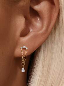 1Pc 925 Sterling Silver Helix Earrings For Women Flat Back Earrings Hidden Helix Earring Dangle Drop Tassel Chain Earring Cartilage Studs Jewelry Gift - Gold - View 5