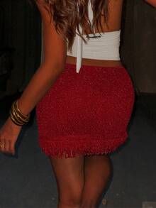 Falda de punto con flecos para mujer, estilo commuter - Burdeos - Ver 2