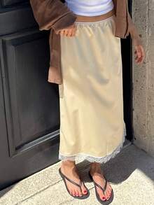 Women Silk Satin Half Slip Long Skirts Lace Patchwork Elastic Waist Long Skirt Elegant Silky Flowy A Line Midi Skirts - vàng nhạt - Xem 4
