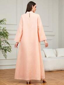 Women's Elegant V-Neck Long Sleeve Maxi Kaftan Dress, Woven Fabric With Beaded Embellishment, Suitable For Eid Al-Fitr - Pink - View 2