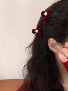 2pcs Bow Pearl Hair Clips Women Hair Claw Hair Clutch Winter Hair Accessories - Burgundy - View 2