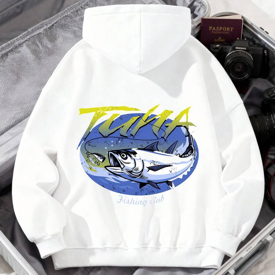 1pc Womens TUNA Fish Graphic Hooded Sweatshirt Regular Fit Drawstring Hooded Pullover Midweight Slightly Stretchy Comfortable Fleece Lined Casual Streetwear For Autumn Winter Everyday Wear - 白色 - 查看 1
