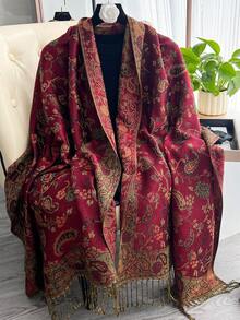 1条女士复古提花佩斯利波西米亚风长款羊毛混纺围巾，飘逸柔软，仿羊绒披肩，适合日常佩戴、旅行、秋冬季节、新年礼物 - 酒紅色 - 查看 4
