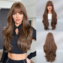 NICKY WALL 30 Inch Extra Long Wig With Bangs, Mocha Brown, Fashionable Long Curly Hair, Women's Synthetic Fiber Wig, Elegant Casual, Heat Resistant, Suitable For Parties And Daily Wear, Suitable For Girls And Fashionable Women