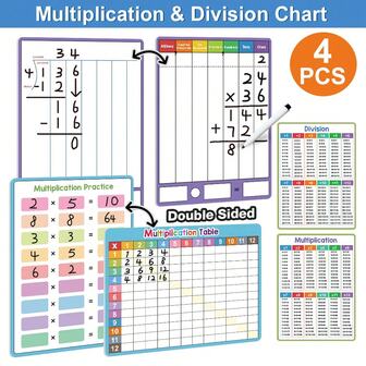Lachilly [4 PCS Double-Sided]Kids Math Dry-Erase Charts - Multiplication & Division Practice Boards For Early Learning Tool, Interactive Education Supplies