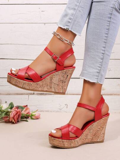 1 Pair Plus Size Women's New Summer Strap Buckle Wedge Thick Sole Hollow Criss-Cross Peep Toe Sandals