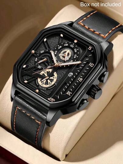 1pc Vintage Mechanical Men's Watch With A Square Dial And Black Leather Stitched Strap, Featuring Multiple Sub-Dials And A Mechanical Structure That Evokes A Retro Style, With Details Highlighting Mechanical Aesthetics. Suitable For Daily Commuting And Outfits, Making It A Unique Gift For Boyfriends Or Brothers.