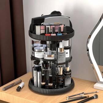 1个旋转化妆品收纳架，适用于台面，可调节旋转护肤品收纳架，梳妆台收纳架，浴室懒人转盘收纳架，适用于美容产品和旋转护肤品，男士香水，护肤品收纳架，黑色