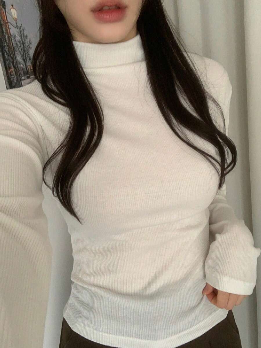 New Autumn/Winter Women's Knit Slim Fit All-Match Casual Tops - 白色 - 查看 1