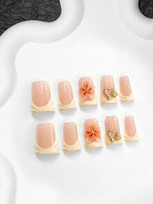 10片优雅简约美甲贴纸，适合秋冬季节，法式假指甲，手绘水滴图案，玫瑰和爱心美甲装饰，黄色和闪光指甲油，捏花美甲贴纸，3种尺寸可选：杏仁形、鸭嘴形、棺材形，包含美甲工具（1张果冻贴纸+1个指甲锉）美甲用品 - 彩色 - 查看 13