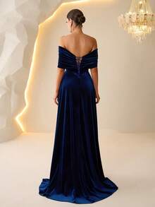 女士奢华晚礼服，优雅露肩丝绒长裙，饰以串珠，曳地裙摆，适合正式派对和盛大晚宴，秋冬新款，婚礼春季派对必备 - 藍色 - 查看 2