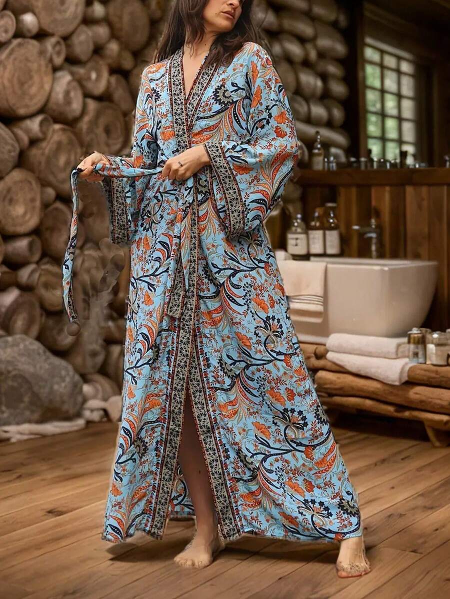 歐美復古時尚印花波希米亞大尺碼長款一體式罩衫,夏季海灘度假泳裝外穿和服式罩衫長袍 - 藍色 - 查看 1