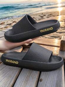 Men's Summer New Letter Striped Slippers, EVA Odor-Resistant Anti-Bacterial Foot Protection Open Toe Thick Sole House Sandals, Black Fashion Classic Versatile Hot Selling Unisex All Season Slippers - Black - View 3
