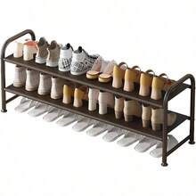 Estantería para zapatos de 3 niveles, organizador de almacenamiento largo, estantería de metal ancha para zapatos, para armario y entrada, color negro - 2 niveles + Marrón - Ver 1