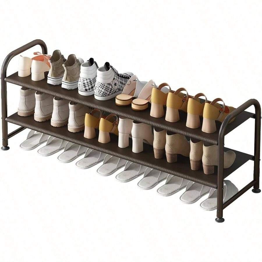 Estantería para zapatos de 3 niveles, organizador de almacenamiento largo, estantería de metal ancha para zapatos, para armario y entrada, color negro - 2 niveles + Marrón - Ver 1