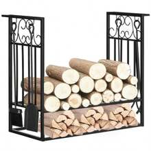 HOMCOM Log Rack With Fireplace Accessories, 75 X 30 X 60 Cm, Black Steel, Storage For Firewood And Fireplace Accessories - Black - View 1