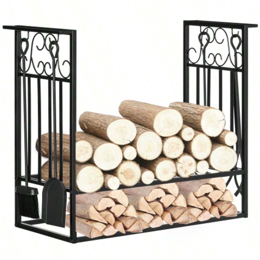 HOMCOM Log Rack With Fireplace Accessories, 75 X 30 X 60 Cm, Black Steel, Storage For Firewood And Fireplace Accessories - Black - View 1